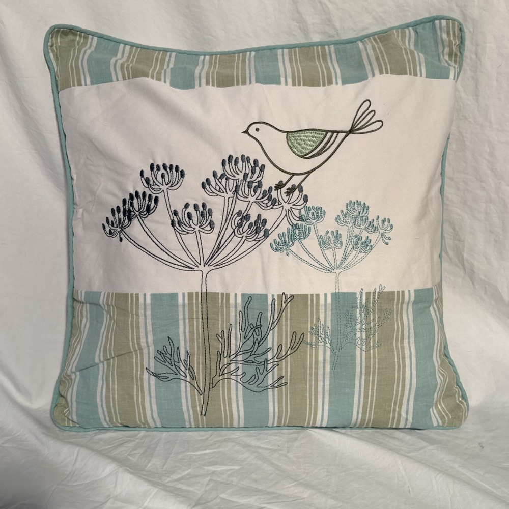 Embroidered  Bird On‎ a Plant Throw Pillow Blue & Green With Tie Closure
